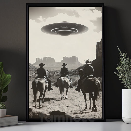 Vintage Cowboy Riding Horse Canvas Painting, Black And White Surrealism Cowboy Riders With UFO Wall Art Decor, Poster Gift For Cowboy