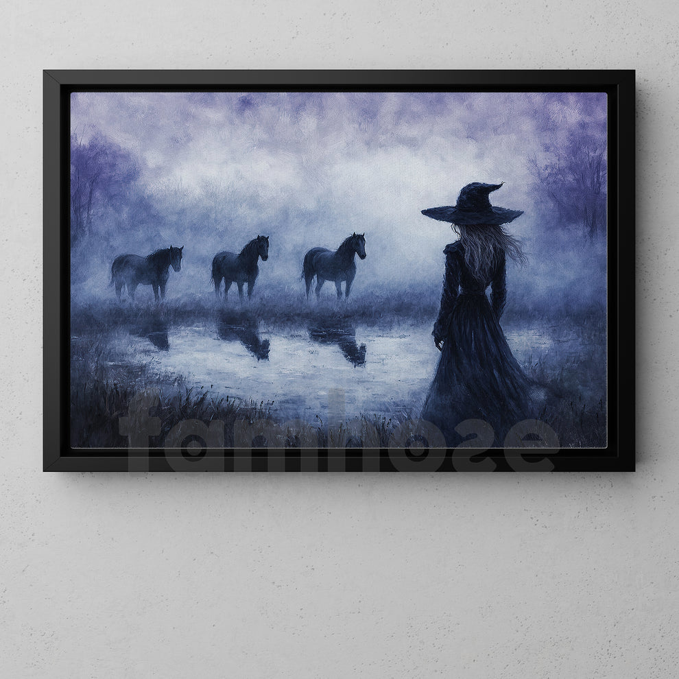 Vintage Halloween Horse Witch Canvas Painting, Where The Horses Wait W ...