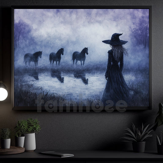Vintage Halloween Horse Witch Canvas Painting, Where The Horses Wait Wall Art Decor, Spooky Season Poster Gift For Horse Lovers