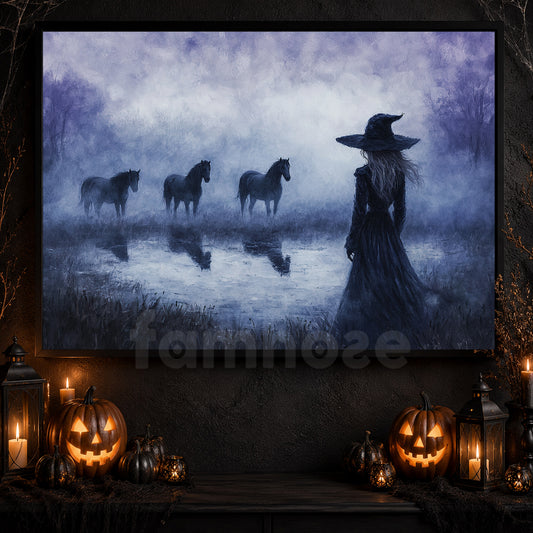 Vintage Halloween Horse Witch Canvas Painting, Where The Horses Wait Wall Art Decor, Spooky Season Poster Gift For Horse Lovers