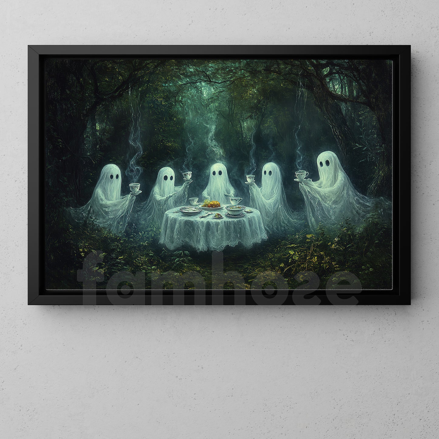 Halloween Ghost Canvas Painting, Enchanted Forest Ghost Tea Party Wall Art Decor, Spooky Season Poster Gift For Ghost Lovers