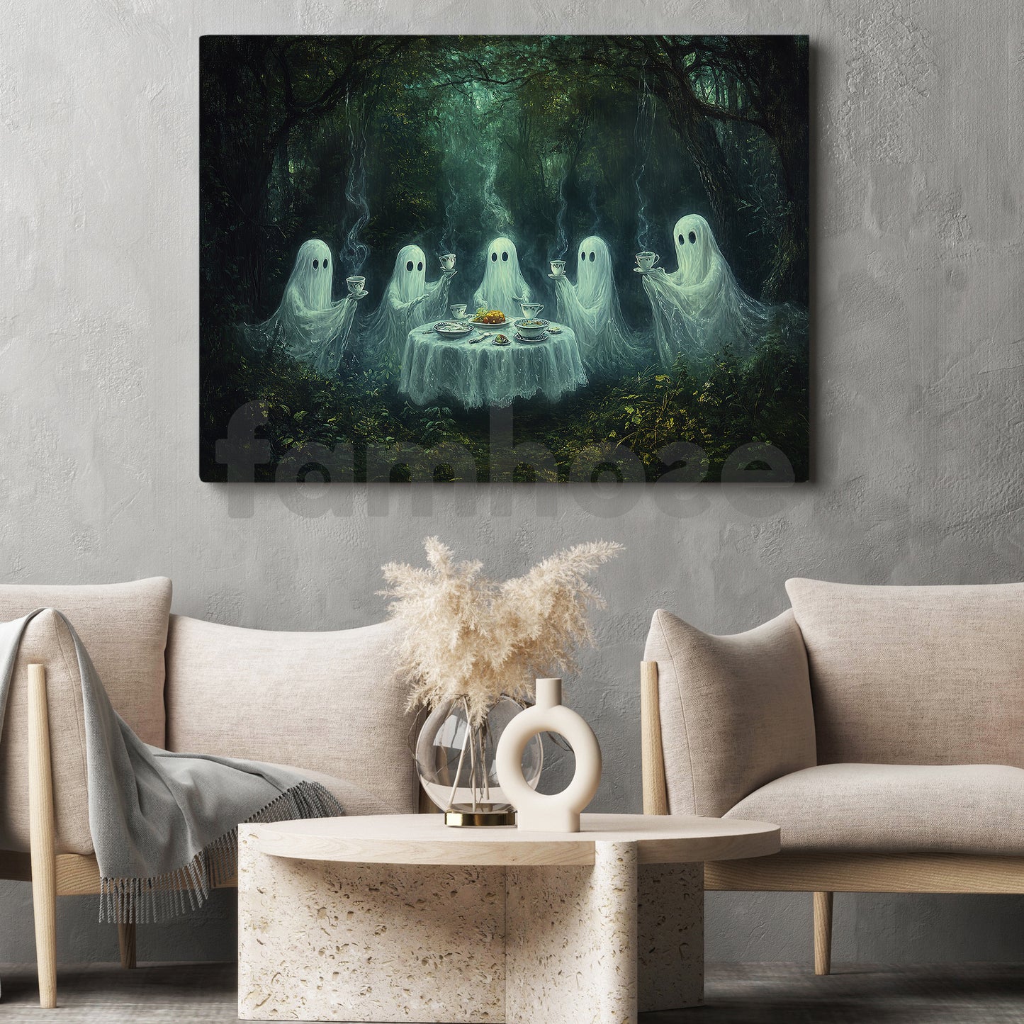 Halloween Ghost Canvas Painting, Enchanted Forest Ghost Tea Party Wall Art Decor, Spooky Season Poster Gift For Ghost Lovers