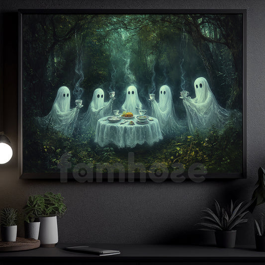 Halloween Ghost Canvas Painting, Enchanted Forest Ghost Tea Party Wall Art Decor, Spooky Season Poster Gift For Ghost Lovers