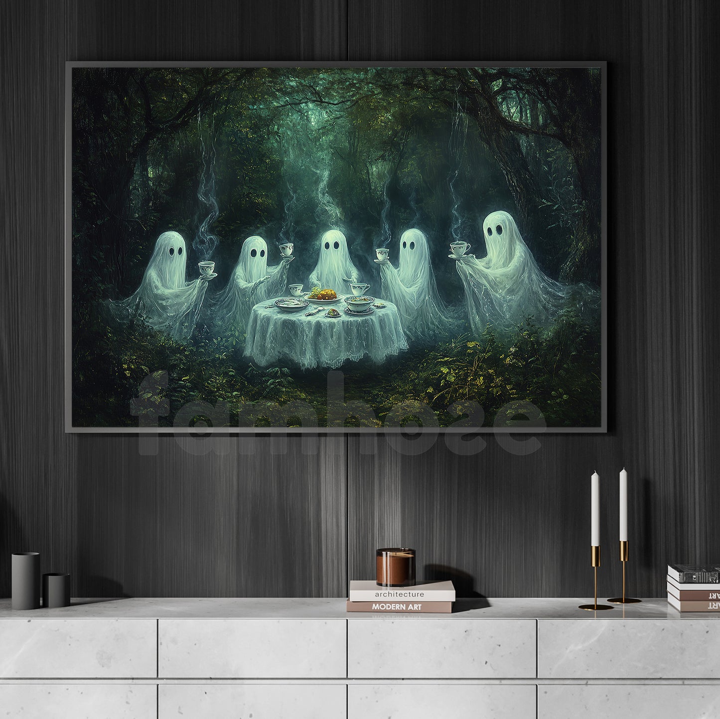 Halloween Ghost Canvas Painting, Enchanted Forest Ghost Tea Party Wall Art Decor, Spooky Season Poster Gift For Ghost Lovers