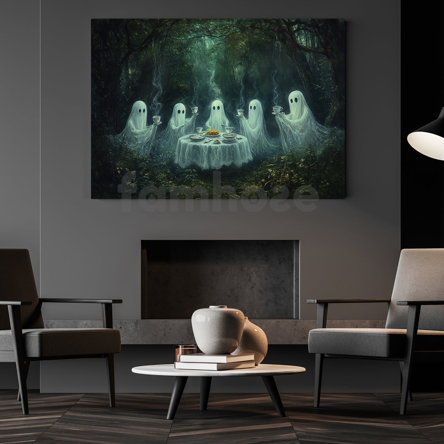 Halloween Ghost Canvas Painting, Enchanted Forest Ghost Tea Party Wall Art Decor, Spooky Season Poster Gift For Ghost Lovers