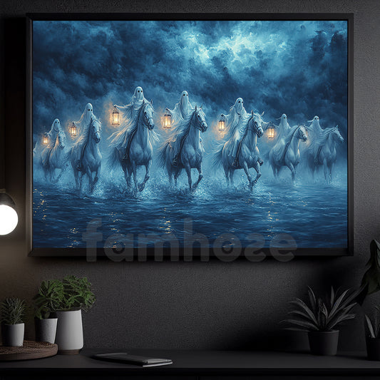 Halloween Ghost Horse Canvas Painting, Lantern Ride Of The Forgotten Wall Art Decor, Spooky Season Poster Gift For Ghost Lovers
