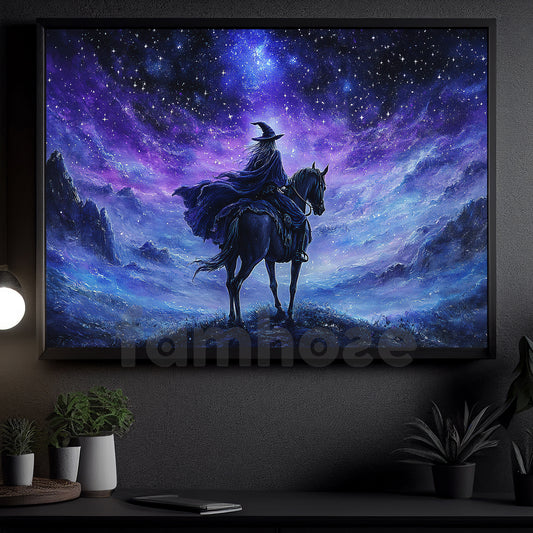Halloween Horse Witch Canvas Painting, The Witch And The Midnight Steed Wall Art Decor, Spooky Season Poster Gift For Horse Lovers