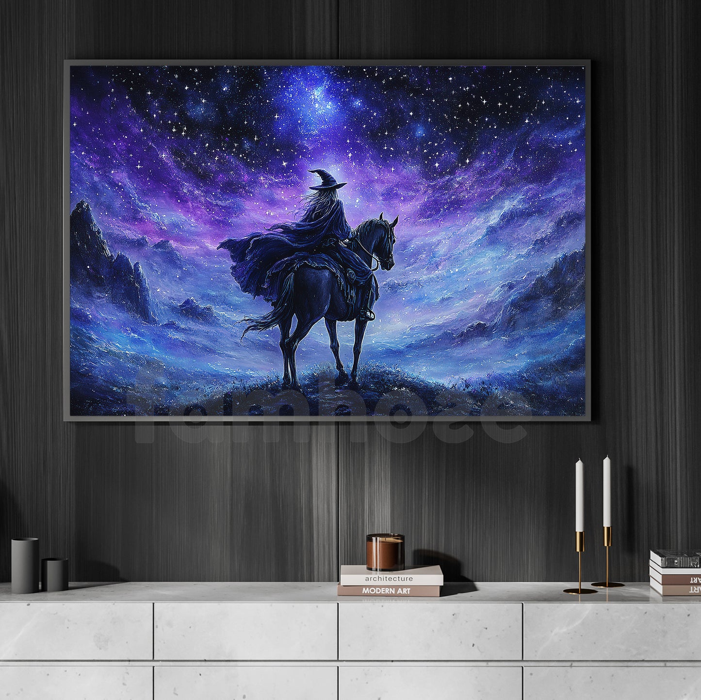 Halloween Horse Witch Canvas Painting, The Witch And The Midnight Steed Wall Art Decor, Spooky Season Poster Gift For Horse Lovers