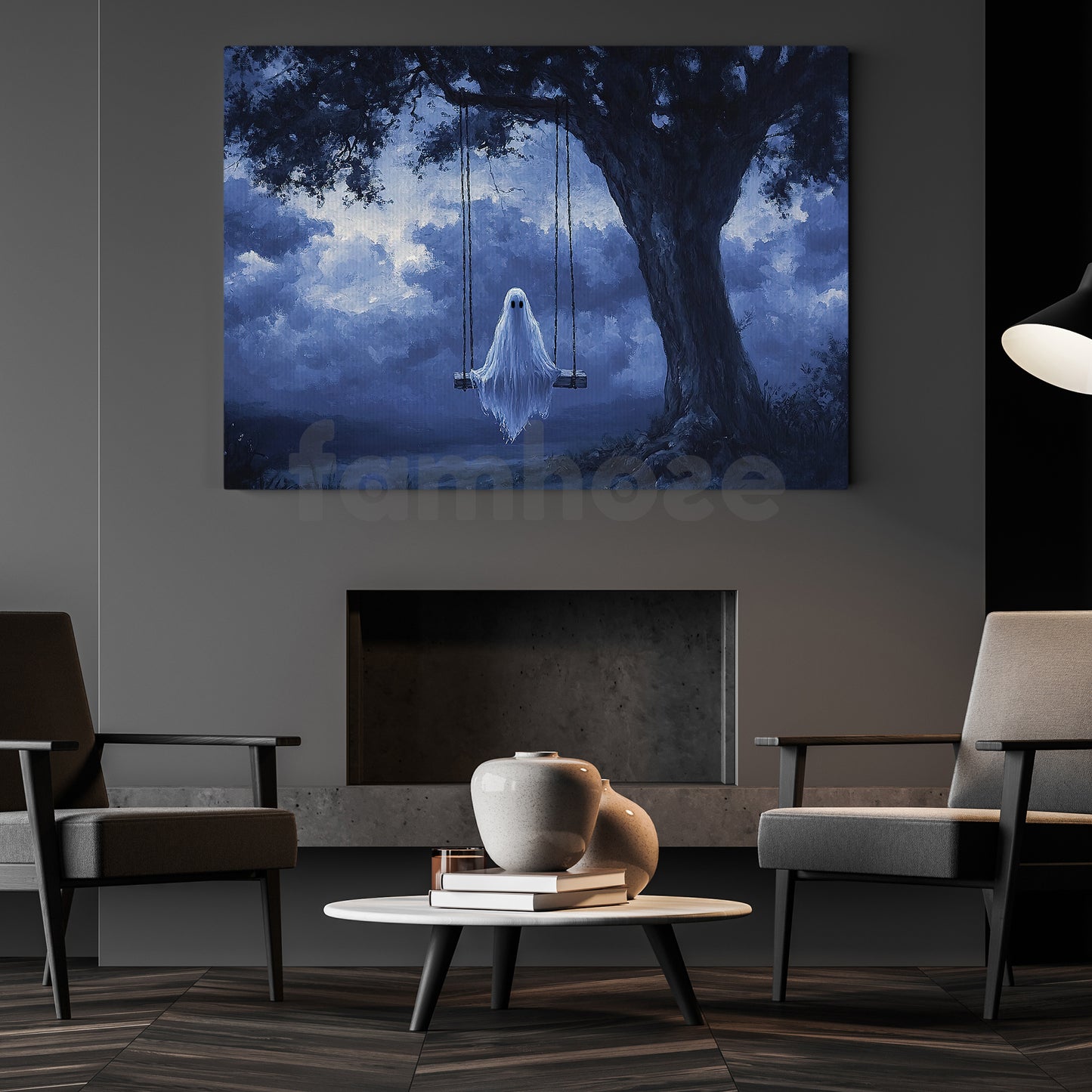 Halloween Boo Canvas Painting, The Swinging Ghost Wall Art Decor, Spooky Season Poster Gift For Ghost Lovers