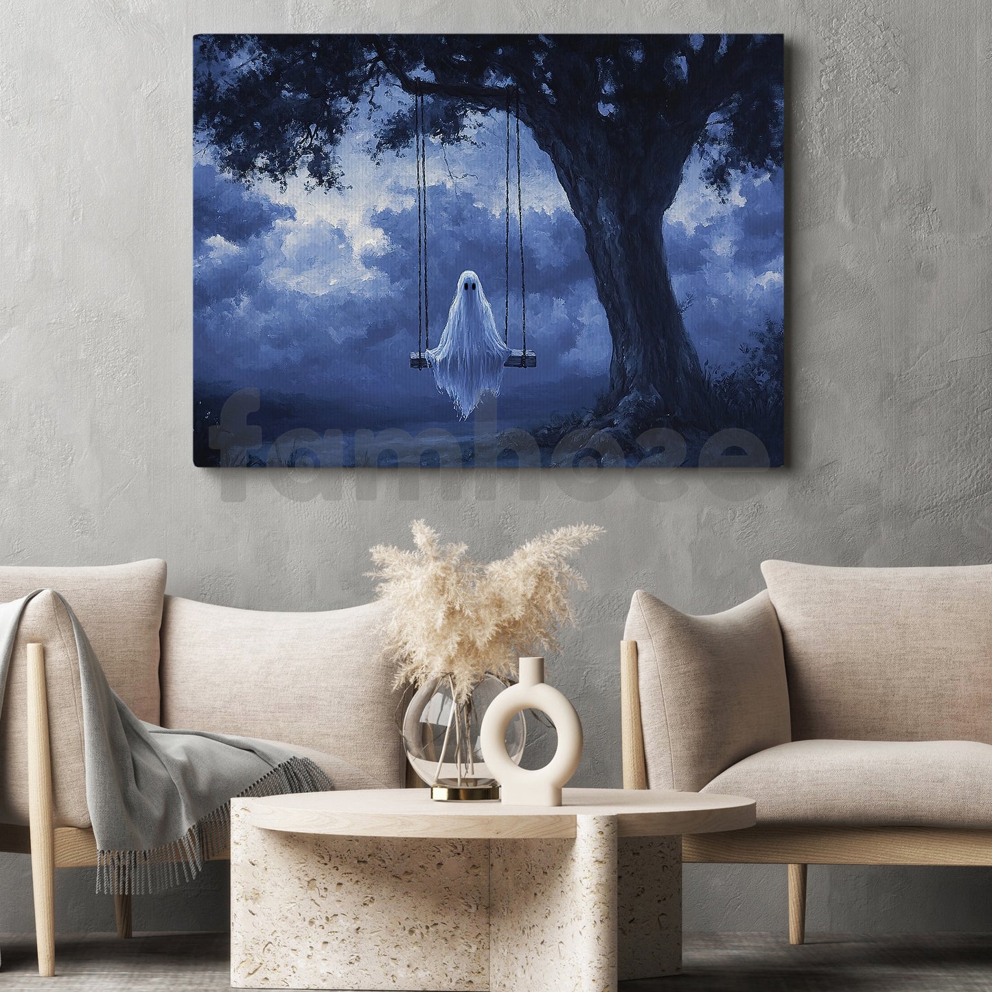 Halloween Boo Canvas Painting, The Swinging Ghost Wall Art Decor, Spooky Season Poster Gift For Ghost Lovers