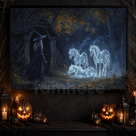 Halloween Horse Witch Canvas Painting, Ghost Foals In The Stable Wall Art Decor, Spooky Season Poster Gift For Horse Lovers