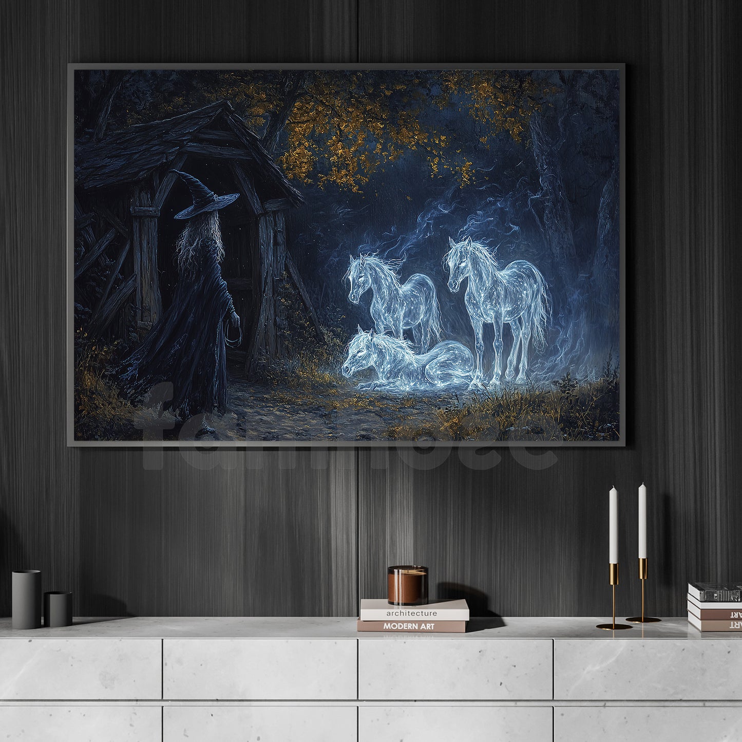 Halloween Horse Witch Canvas Painting, Ghost Foals In The Stable Wall Art Decor, Spooky Season Poster Gift For Horse Lovers