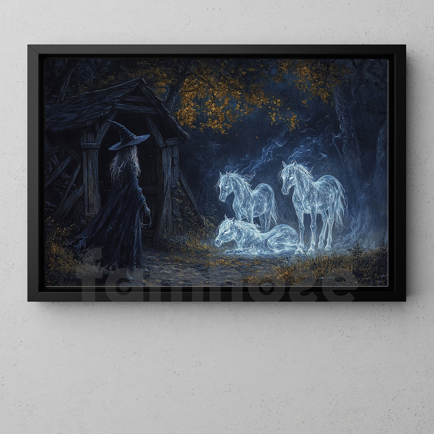 Halloween Horse Witch Canvas Painting, Ghost Foals In The Stable Wall Art Decor, Spooky Season Poster Gift For Horse Lovers