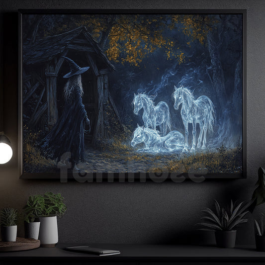 Halloween Horse Witch Canvas Painting, Ghost Foals In The Stable Wall Art Decor, Spooky Season Poster Gift For Horse Lovers