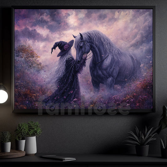 Vintage Halloween Horse Witch Canvas Painting, The Silent Farewell Wall Art Decor, Spooky Season Poster Gift For Horse Lovers, Witch Lovers