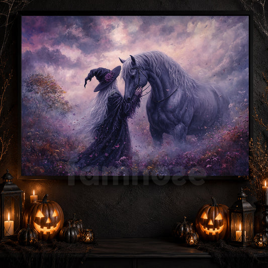 Vintage Halloween Horse Witch Canvas Painting, The Silent Farewell Wall Art Decor, Spooky Season Poster Gift For Horse Lovers, Witch Lovers