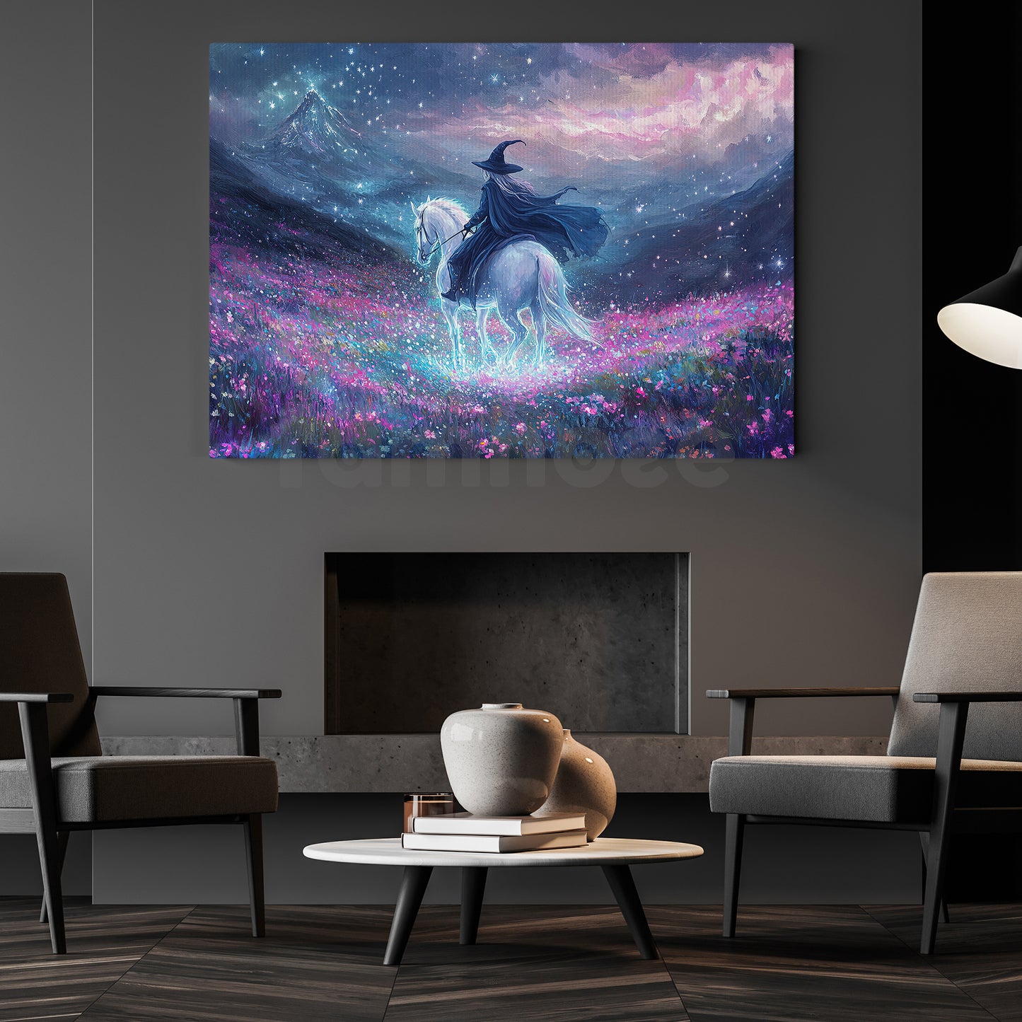 Halloween Witch Riding Horse Canvas Painting, The Witch Of The Starlight Fields Wall Art Decor, Spooky Season Poster Gift For Witch Lovers, Horse Riding Lovers