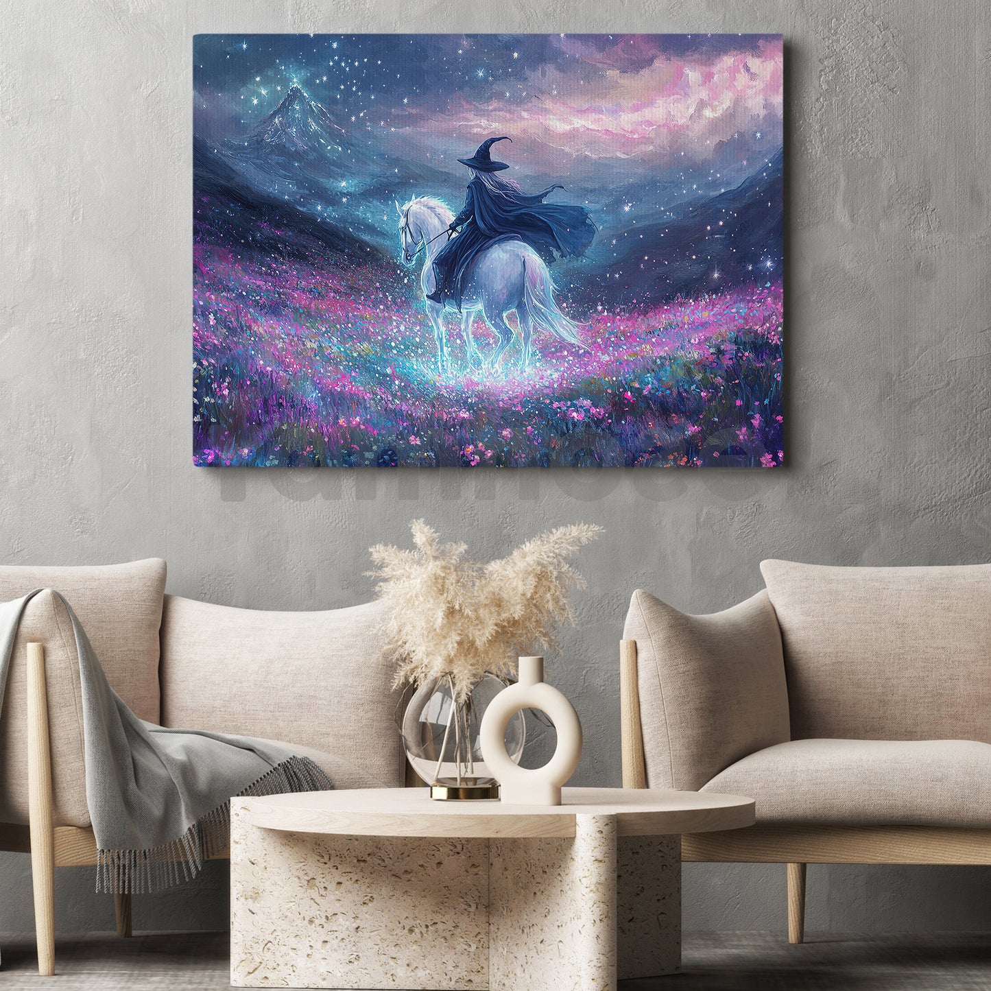 Halloween Witch Riding Horse Canvas Painting, The Witch Of The Starlight Fields Wall Art Decor, Spooky Season Poster Gift For Witch Lovers, Horse Riding Lovers