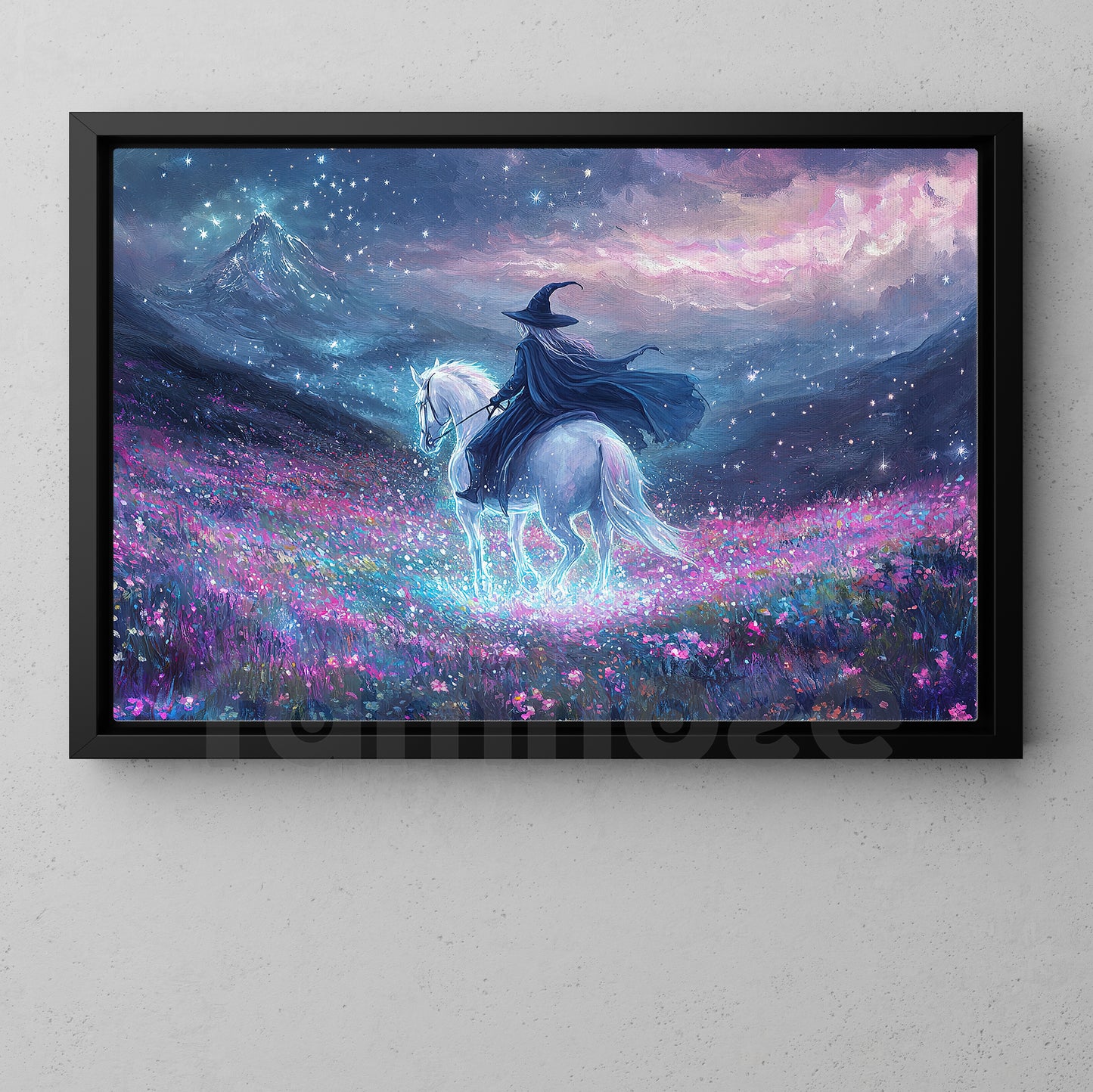 Halloween Witch Riding Horse Canvas Painting, The Witch Of The Starlight Fields Wall Art Decor, Spooky Season Poster Gift For Witch Lovers, Horse Riding Lovers