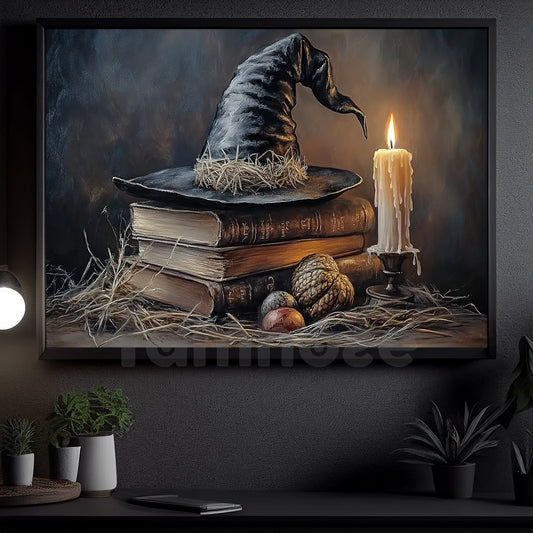 Halloween Witch Book Canvas Painting, Witch’s Spellbound Library Wall Art Decor, Spooky Season Poster Gift For Witch Lovers