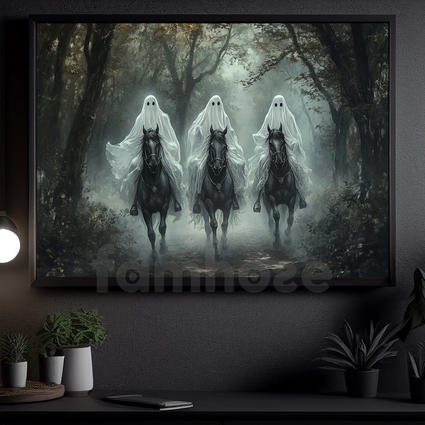 Halloween Horse Ghost Canvas Painting, The Silent Riders Wall Art Decor, Spooky Season Poster Gift For Horse Riding Lover