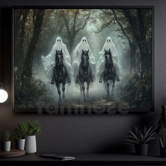 Halloween Horse Ghost Canvas Painting, The Silent Riders Wall Art Decor, Spooky Season Poster Gift For Horse Riding Lover