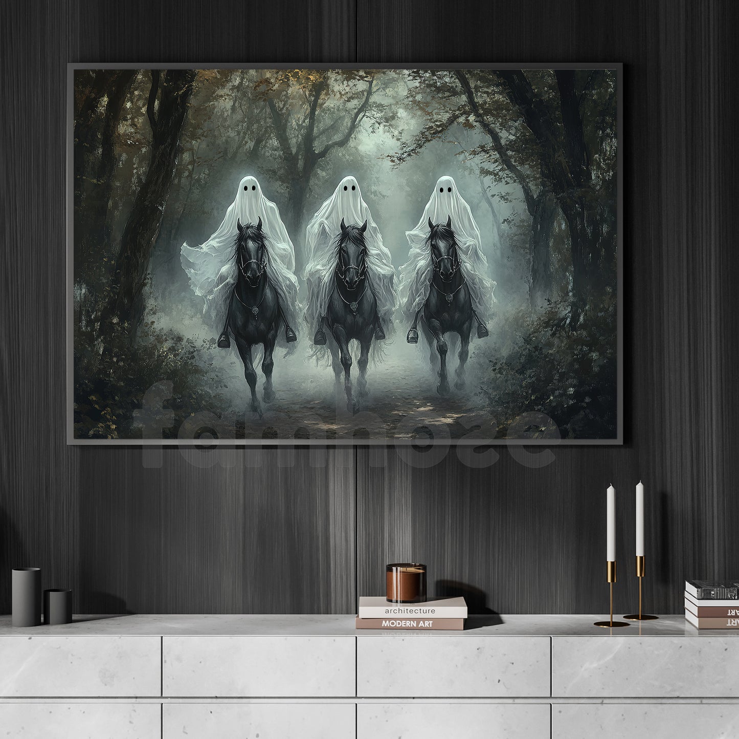 Halloween Horse Ghost Canvas Painting, The Silent Riders Wall Art Decor, Spooky Season Poster Gift For Horse Riding Lover