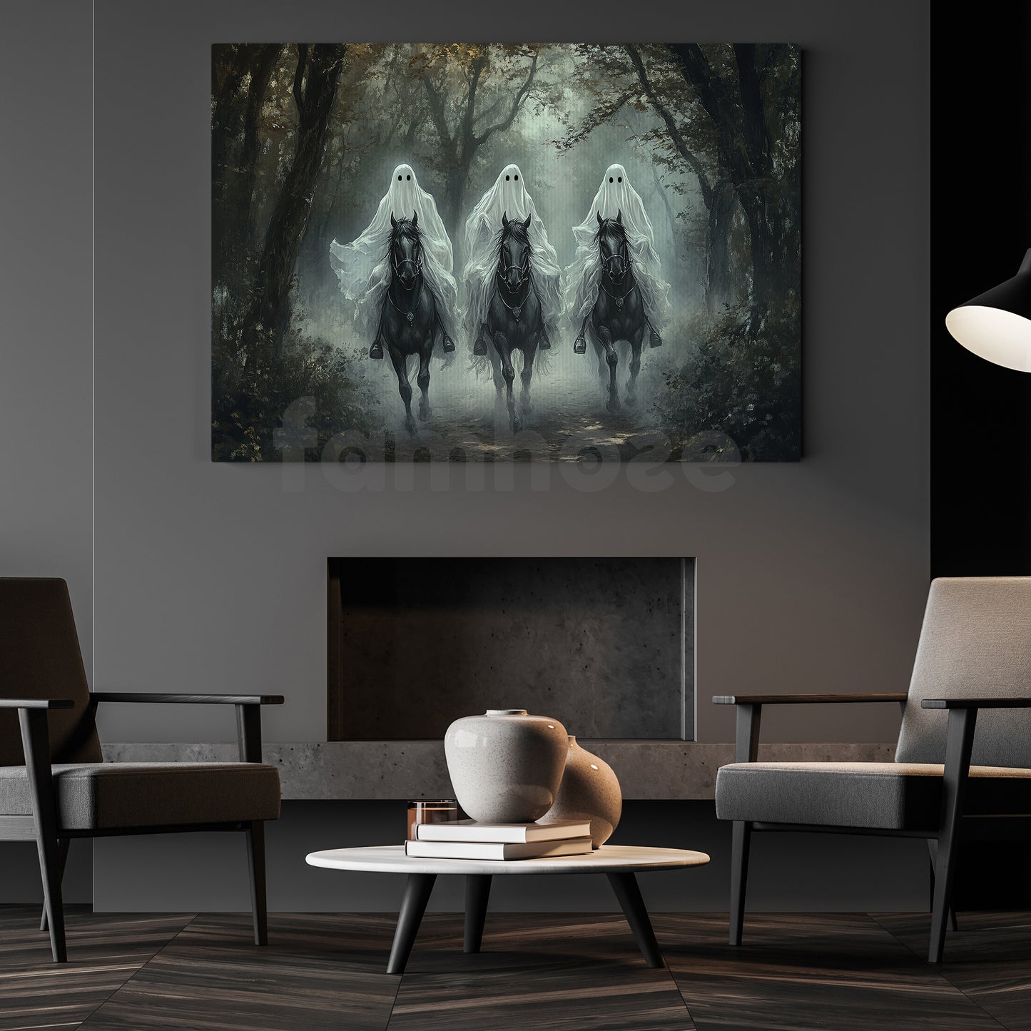 Halloween Horse Ghost Canvas Painting, The Silent Riders Wall Art Decor, Spooky Season Poster Gift For Horse Riding Lover