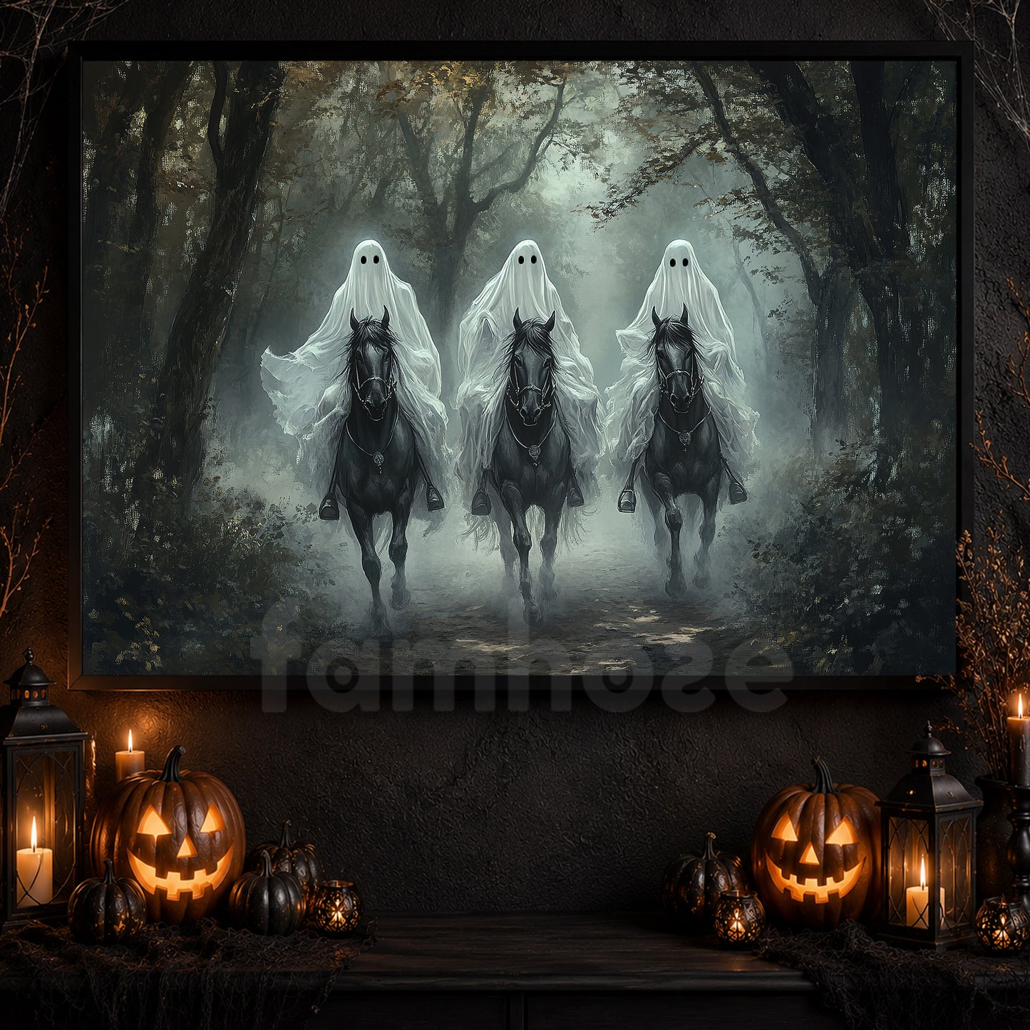 Halloween Horse Ghost Canvas Painting, The Silent Riders Wall Art Decor, Spooky Season Poster Gift For Horse Riding Lover