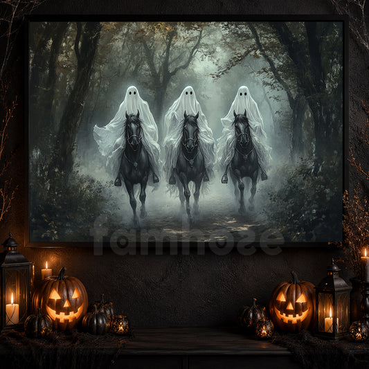 Halloween Horse Ghost Canvas Painting, The Silent Riders Wall Art Decor, Spooky Season Poster Gift For Horse Riding Lover