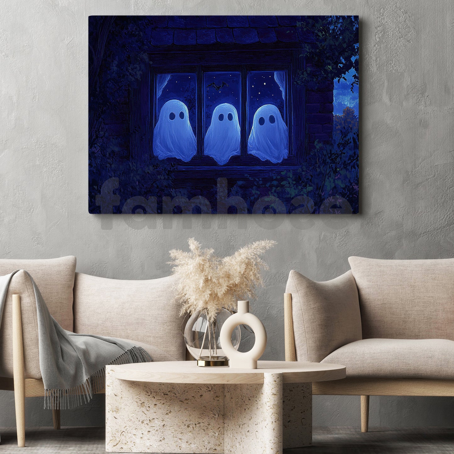 Halloween Ghost Canvas Painting, Ghosts In The Window Wall Art Decor, Spooky Season Poster Gift For Ghost Lovers