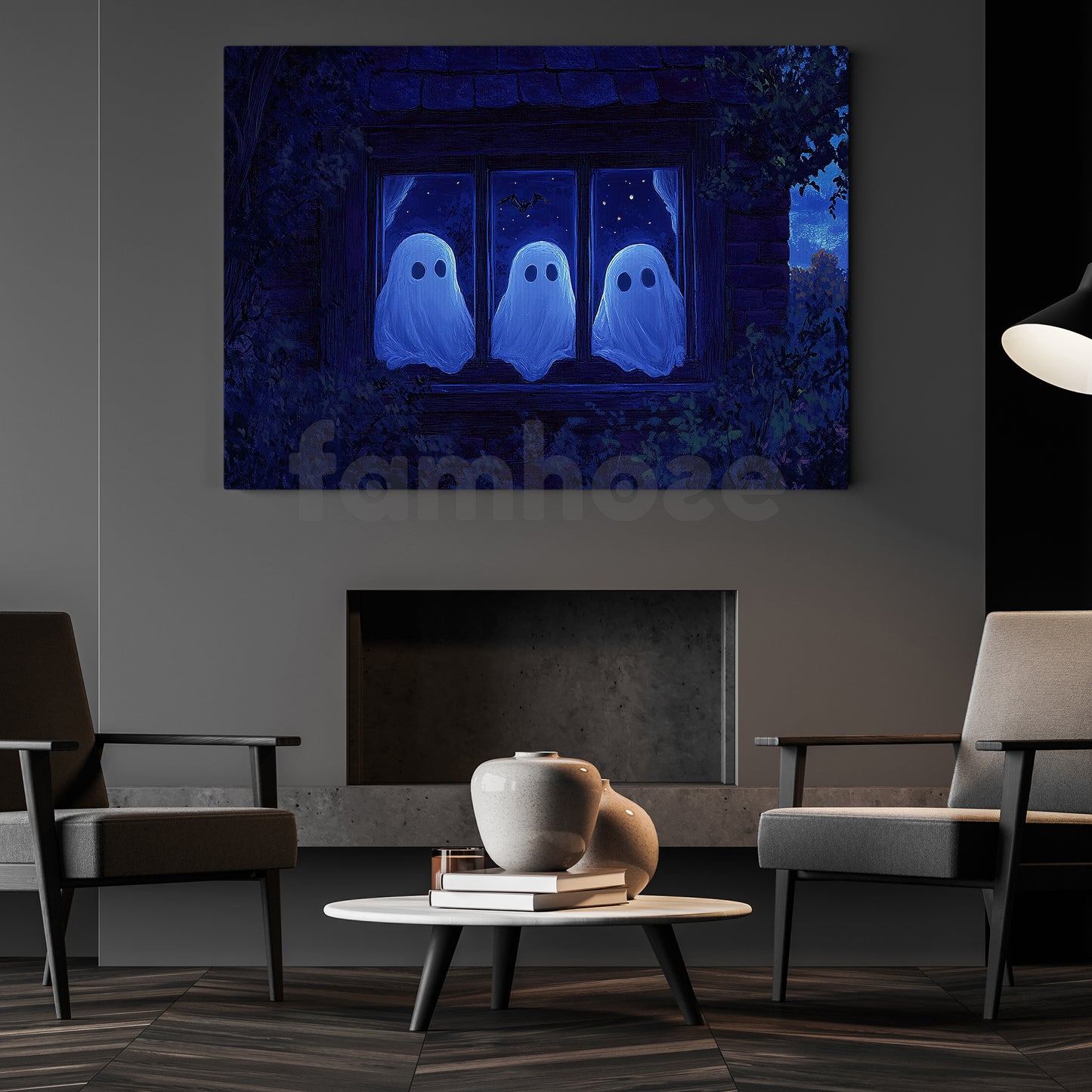 Halloween Ghost Canvas Painting, Ghosts In The Window Wall Art Decor, Spooky Season Poster Gift For Ghost Lovers