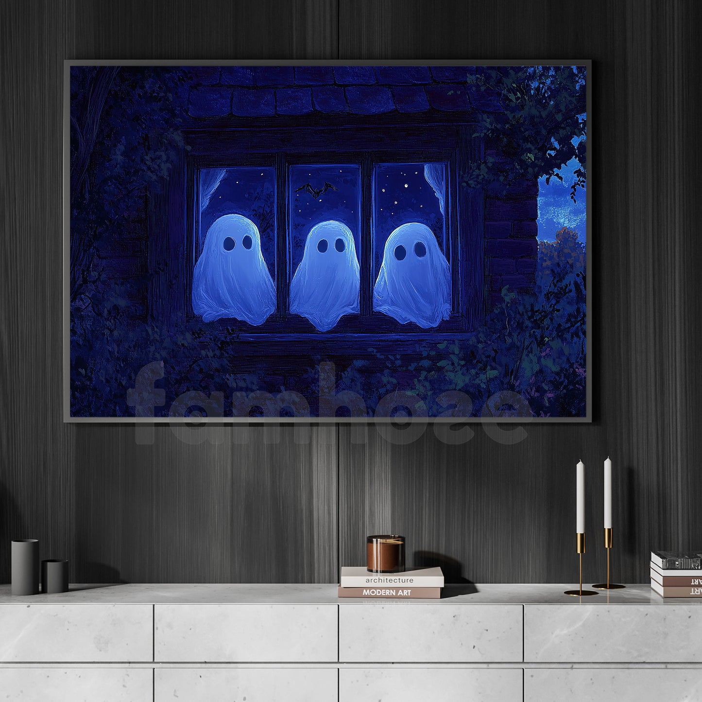 Halloween Ghost Canvas Painting, Ghosts In The Window Wall Art Decor, Spooky Season Poster Gift For Ghost Lovers