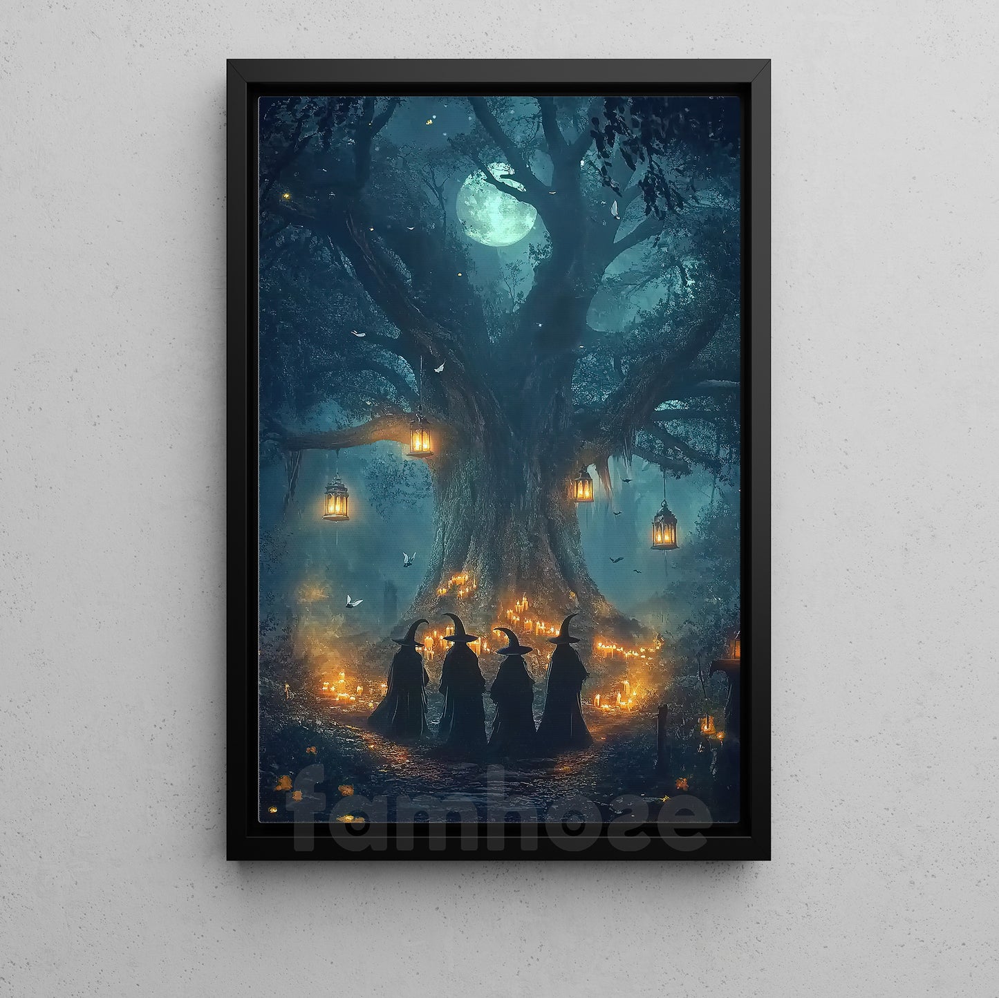 Halloween Witch Canvas Painting, Full Moon Witches Gathering Wall Art Decor, Spooky Season Poster Gift For Witch Lovers