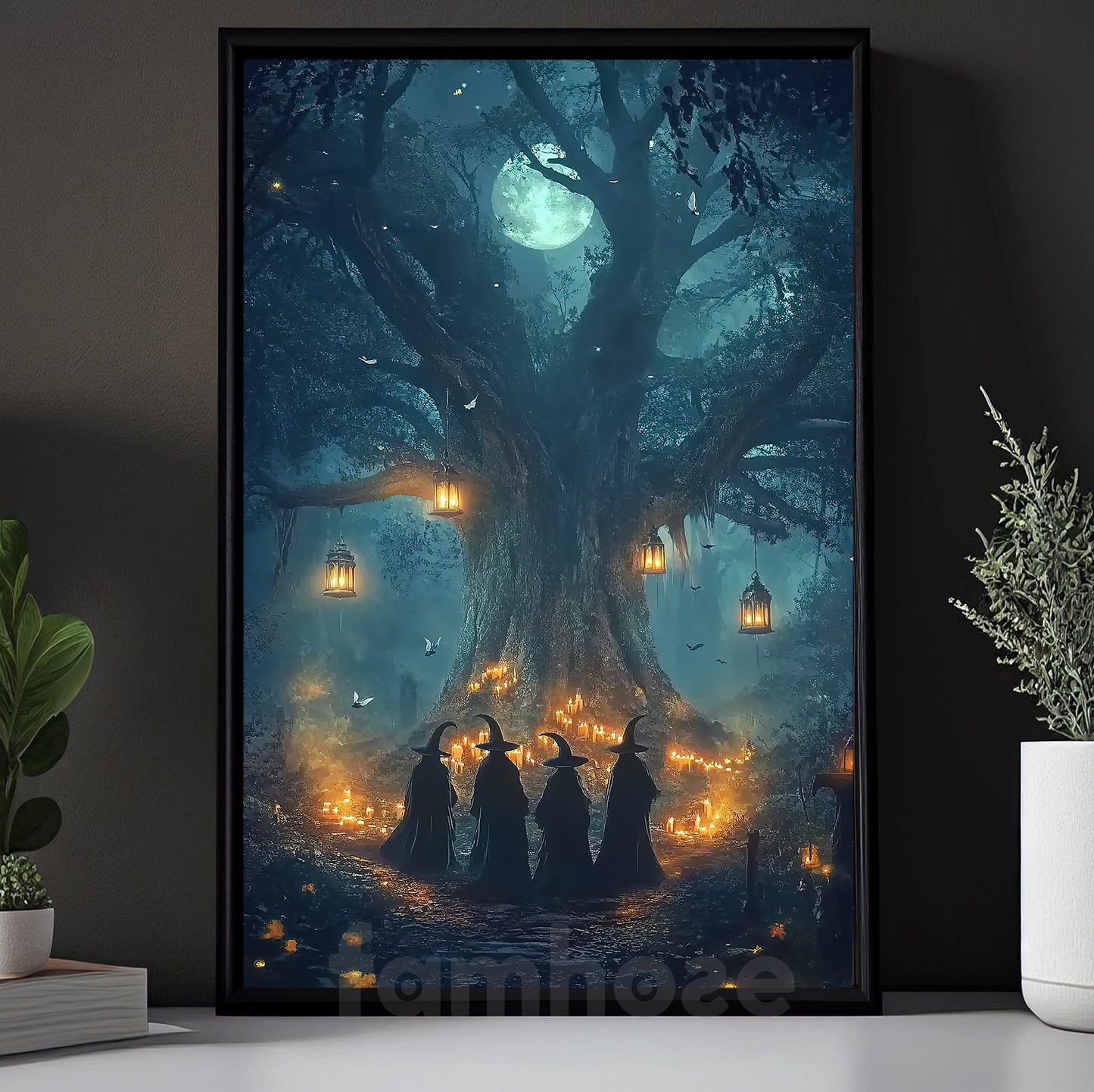 Halloween Witch Canvas Painting, Full Moon Witches Gathering Wall Art Decor, Spooky Season Poster Gift For Witch Lovers