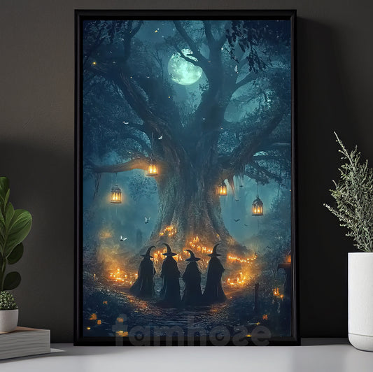 Halloween Witch Canvas Painting, Full Moon Witches Gathering Wall Art Decor, Spooky Season Poster Gift For Witch Lovers