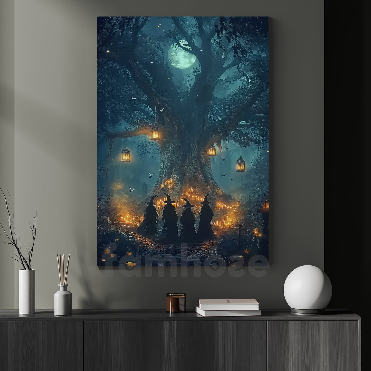 Halloween Witch Canvas Painting, Full Moon Witches Gathering Wall Art Decor, Spooky Season Poster Gift For Witch Lovers