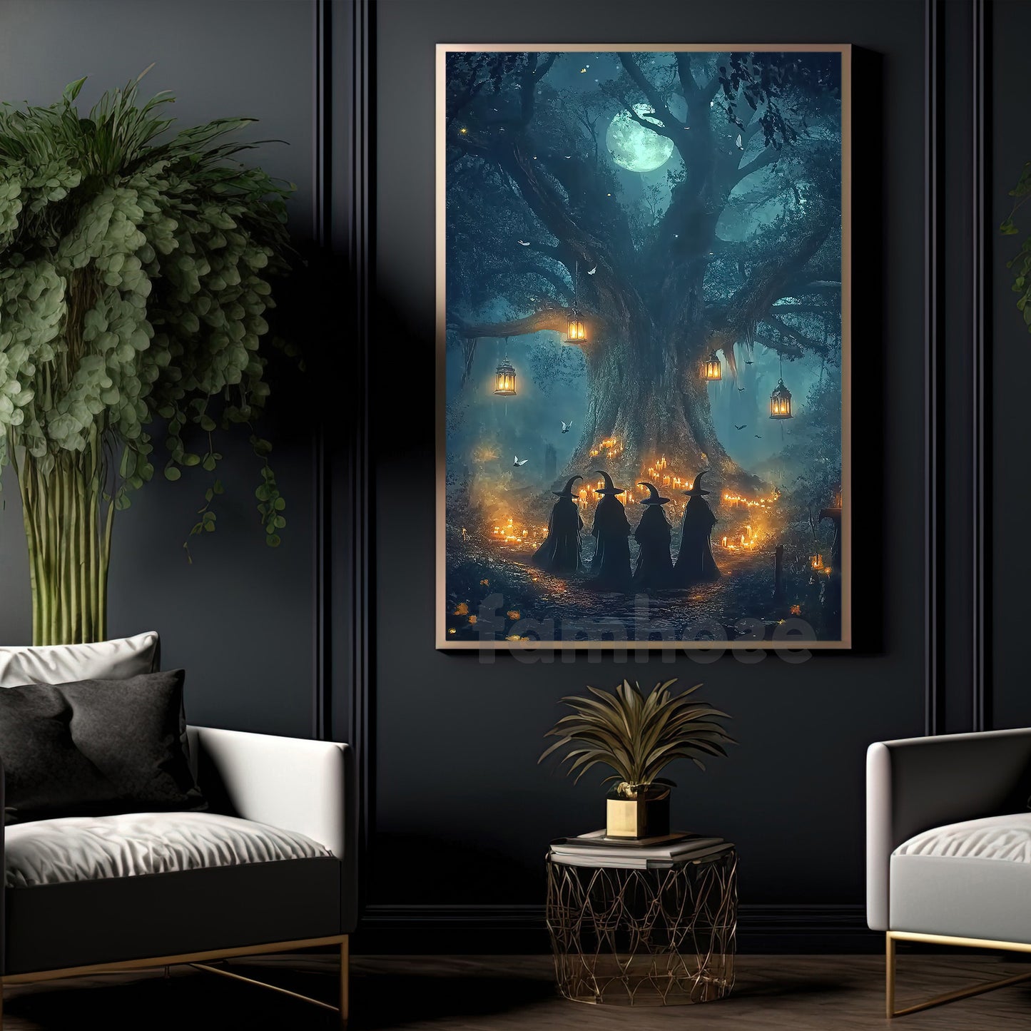 Halloween Witch Canvas Painting, Full Moon Witches Gathering Wall Art Decor, Spooky Season Poster Gift For Witch Lovers