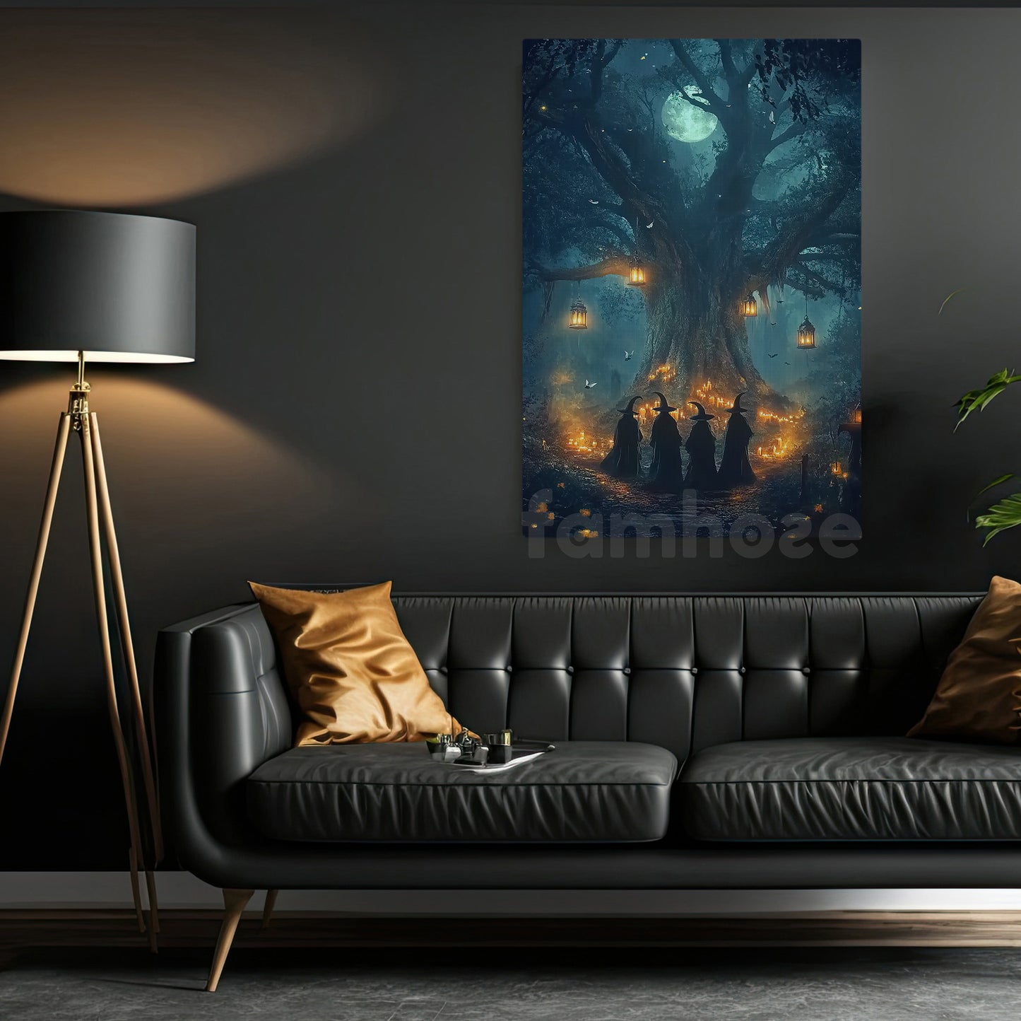 Halloween Witch Canvas Painting, Full Moon Witches Gathering Wall Art Decor, Spooky Season Poster Gift For Witch Lovers