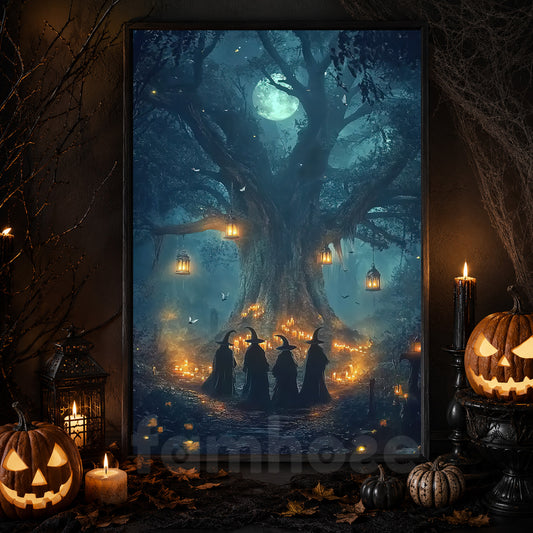 Halloween Witch Canvas Painting, Full Moon Witches Gathering Wall Art Decor, Spooky Season Poster Gift For Witch Lovers