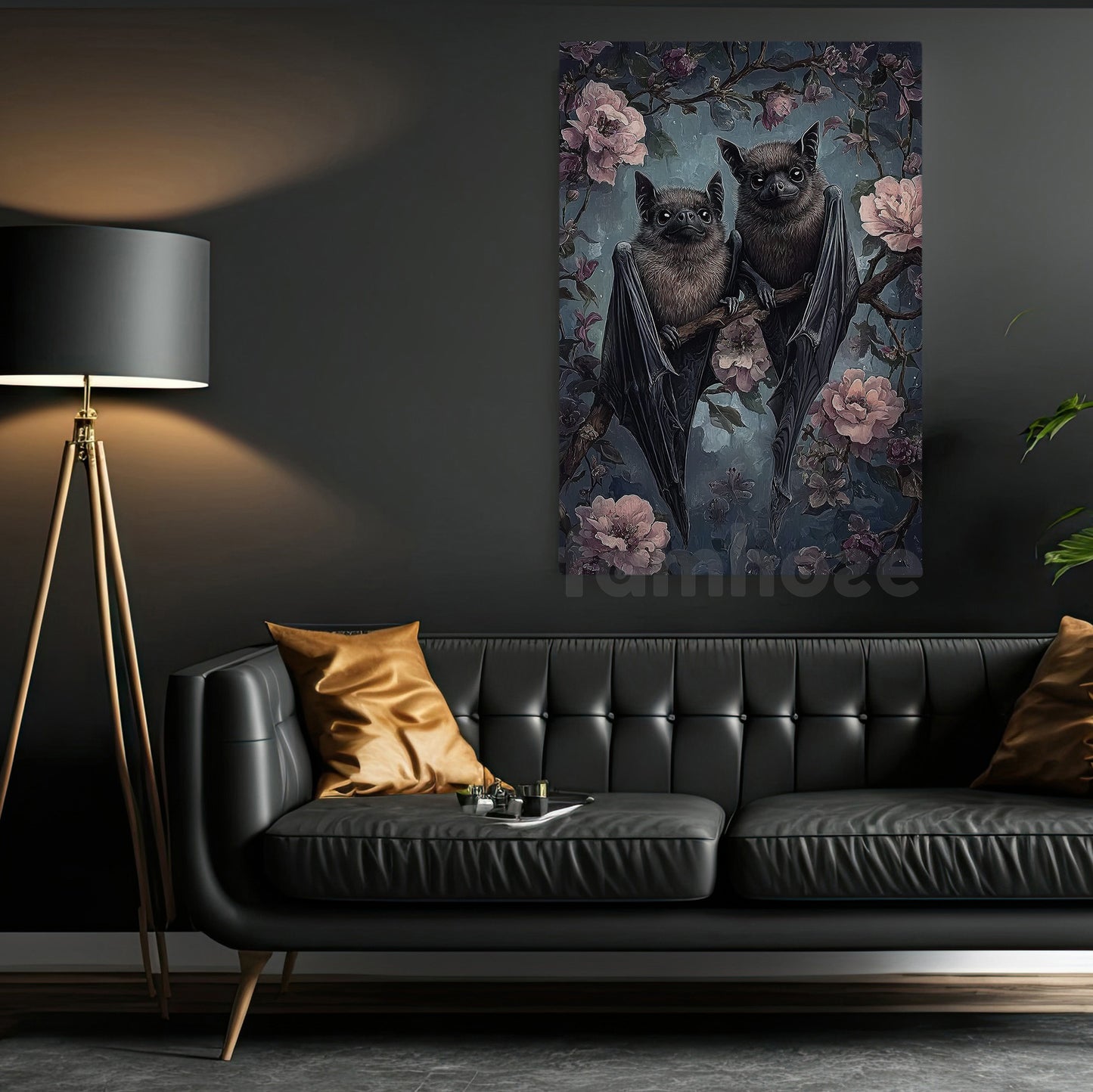 Whimsical Gothic Bat Canvas Painting, Bloom & Bat Wall Art Decor, Poster Gift To Decor House Or Office
