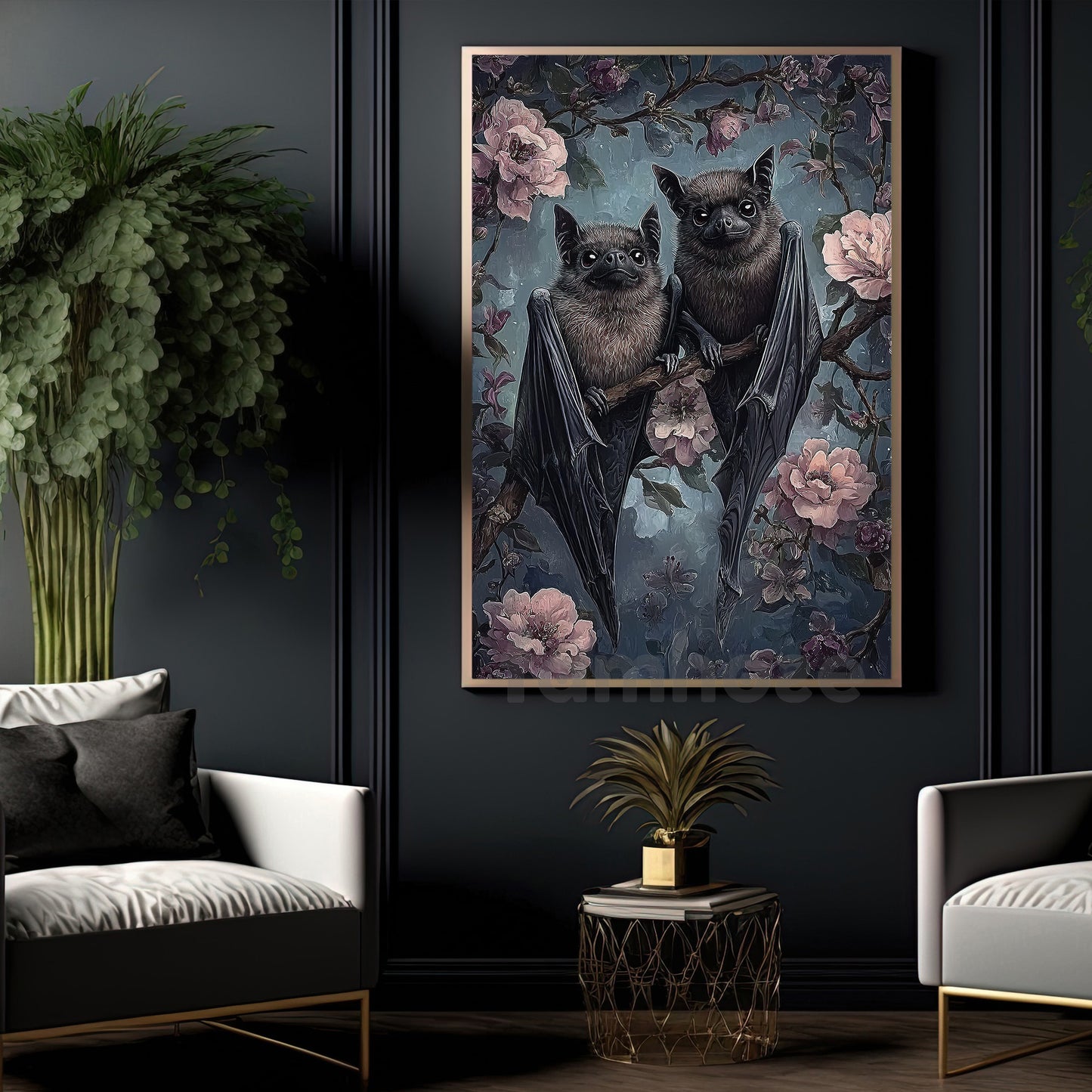 Whimsical Gothic Bat Canvas Painting, Bloom & Bat Wall Art Decor, Poster Gift To Decor House Or Office