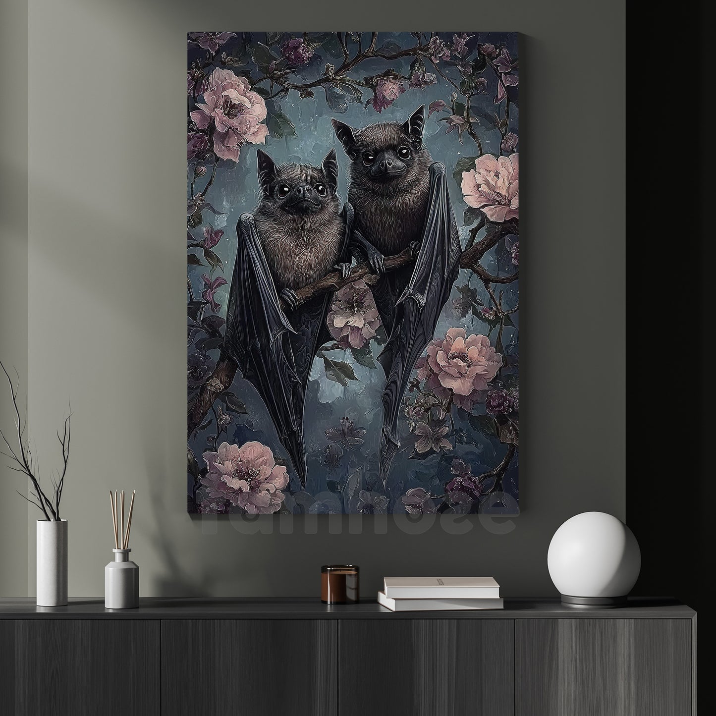 Whimsical Gothic Bat Canvas Painting, Bloom & Bat Wall Art Decor, Poster Gift To Decor House Or Office