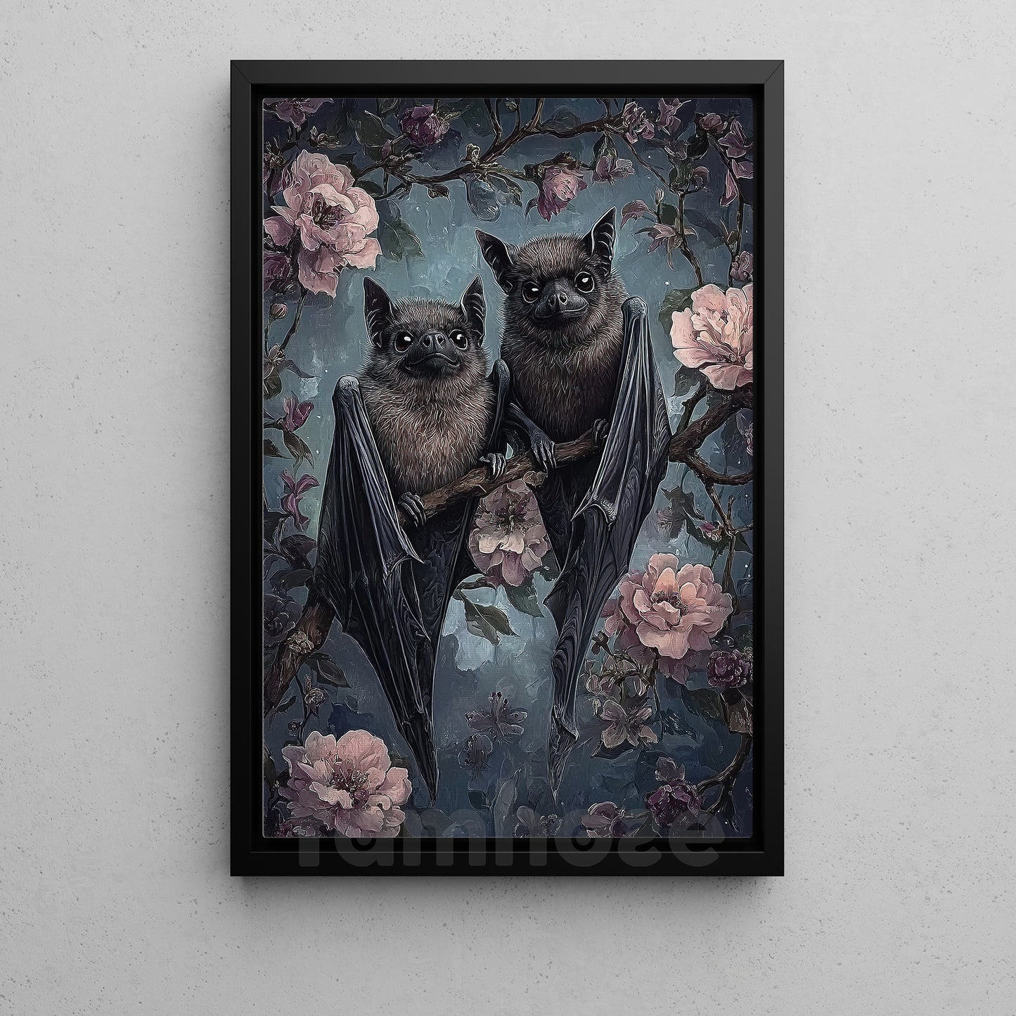 Whimsical Gothic Bat Canvas Painting, Bloom & Bat Wall Art Decor, Poster Gift To Decor House Or Office