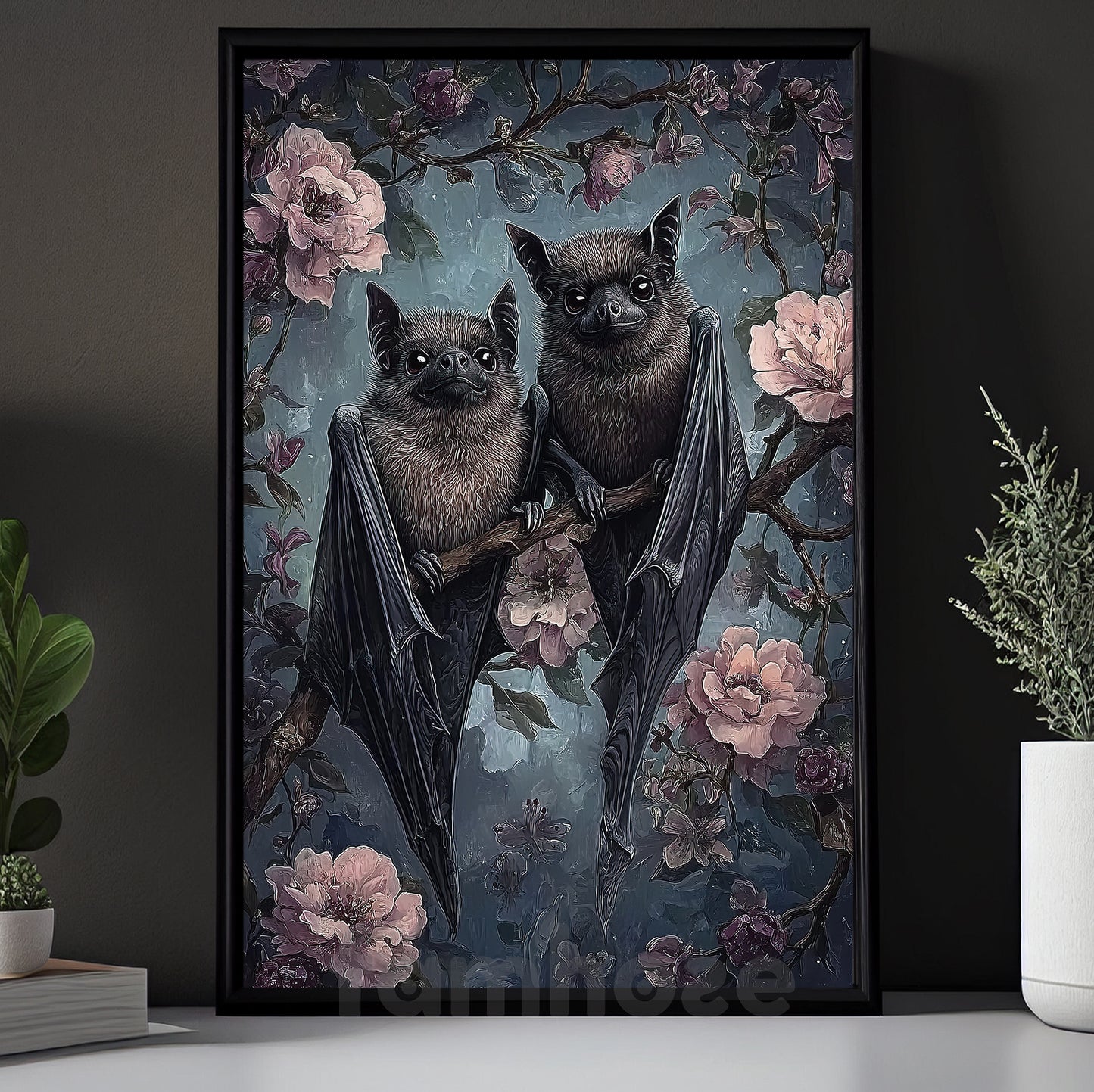 Whimsical Gothic Bat Canvas Painting, Bloom & Bat Wall Art Decor, Poster Gift To Decor House Or Office