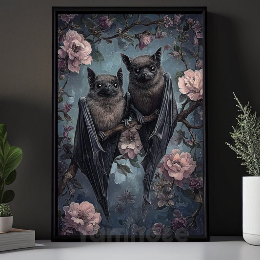 Whimsical Gothic Bat Canvas Painting, Bloom & Bat Wall Art Decor, Poster Gift To Decor House Or Office