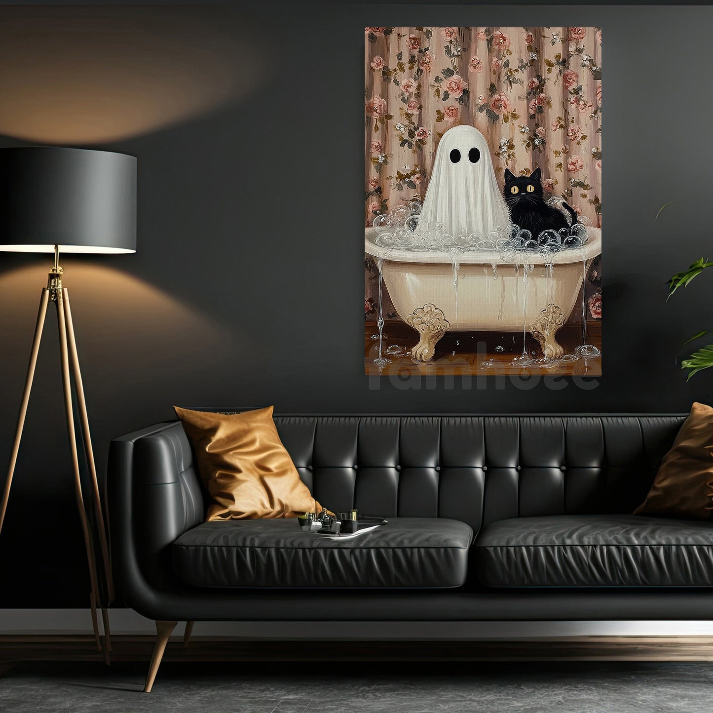 Halloween Boo Cat Canvas Painting, Witch’s Cat & Ghost Soak Wall Art Decor, Spooky Season Poster Gift For Ghost Lovers, Cat Lovers