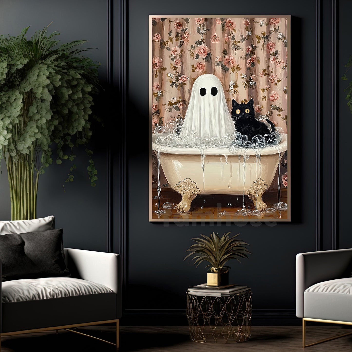 Halloween Boo Cat Canvas Painting, Witch’s Cat & Ghost Soak Wall Art Decor, Spooky Season Poster Gift For Ghost Lovers, Cat Lovers