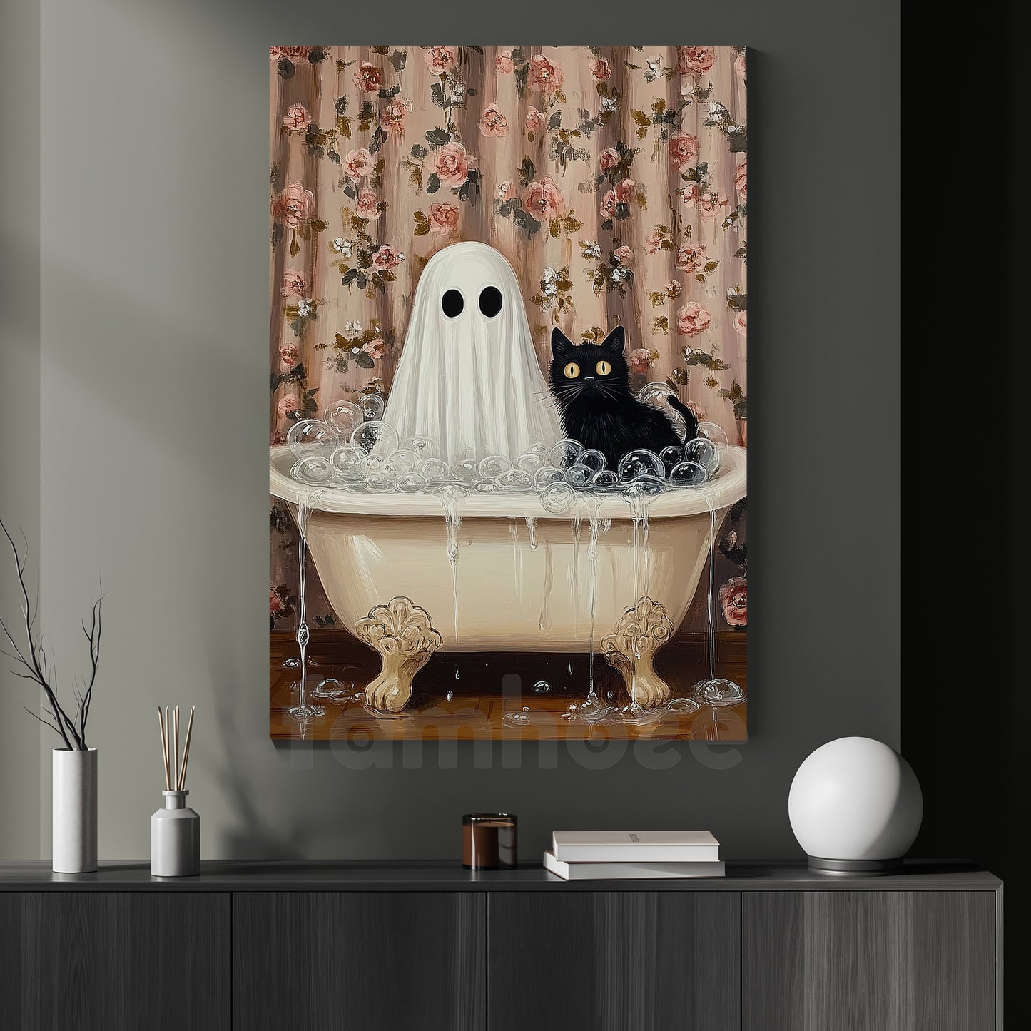 Halloween Boo Cat Canvas Painting, Witch’s Cat & Ghost Soak Wall Art Decor, Spooky Season Poster Gift For Ghost Lovers, Cat Lovers