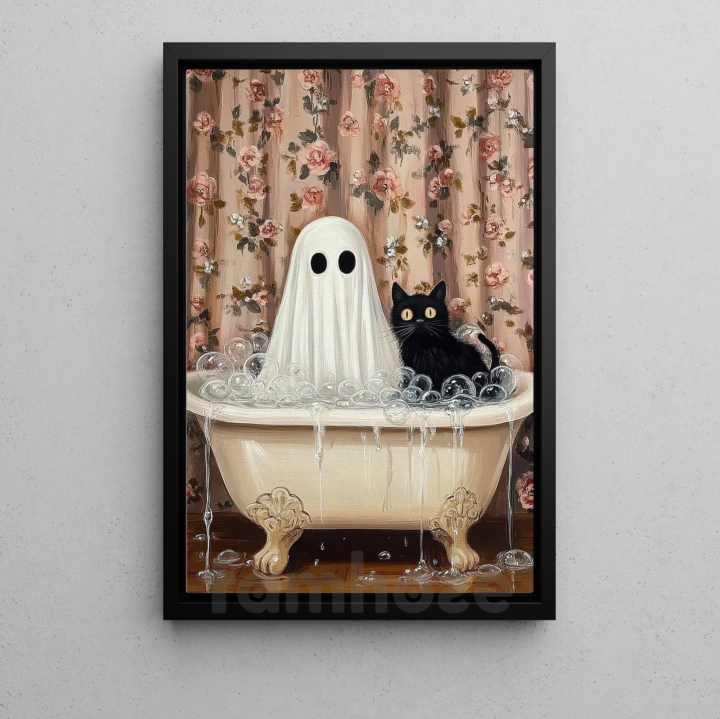 Halloween Boo Cat Canvas Painting, Witch’s Cat & Ghost Soak Wall Art Decor, Spooky Season Poster Gift For Ghost Lovers, Cat Lovers
